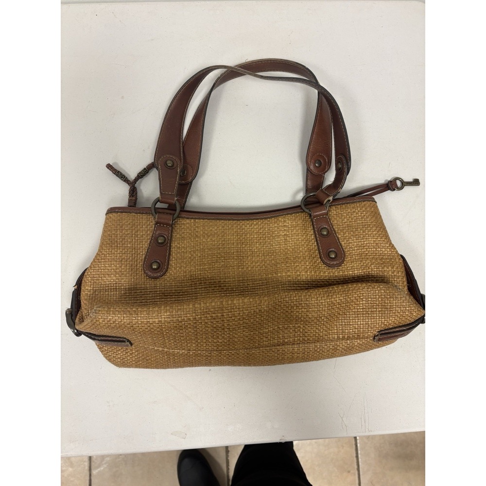 Fossil Vintage Leather and Woven Straw Handbag Shoulder Bag